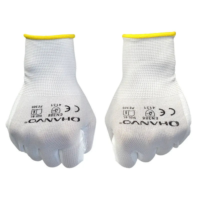 White PU coated labour gloves showing palm grip texture and 24 cm length.