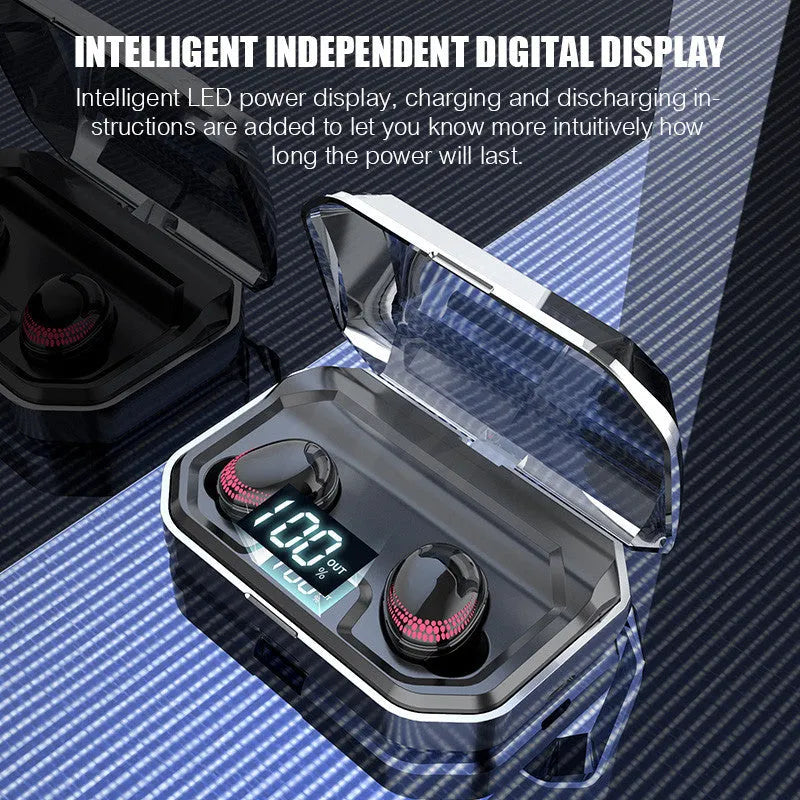 Black X10 Bluetooth wireless headset and its compact charging case on a white background.