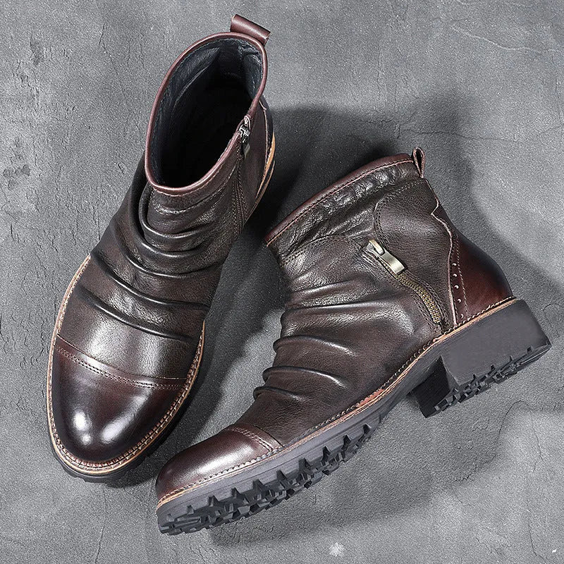 Men's black artificial PU cowboy boots with side zipper, round toe, and a mid-height horseshoe heel.