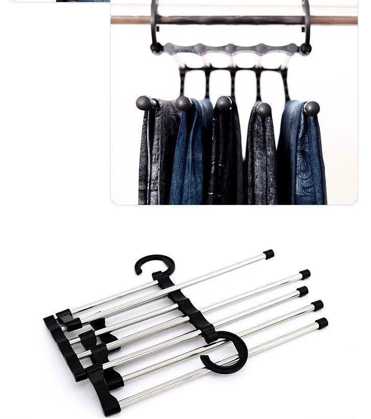 5-in-1 stainless steel trouser hanger, black, 47x18cm, with five booms and two hooks at each end