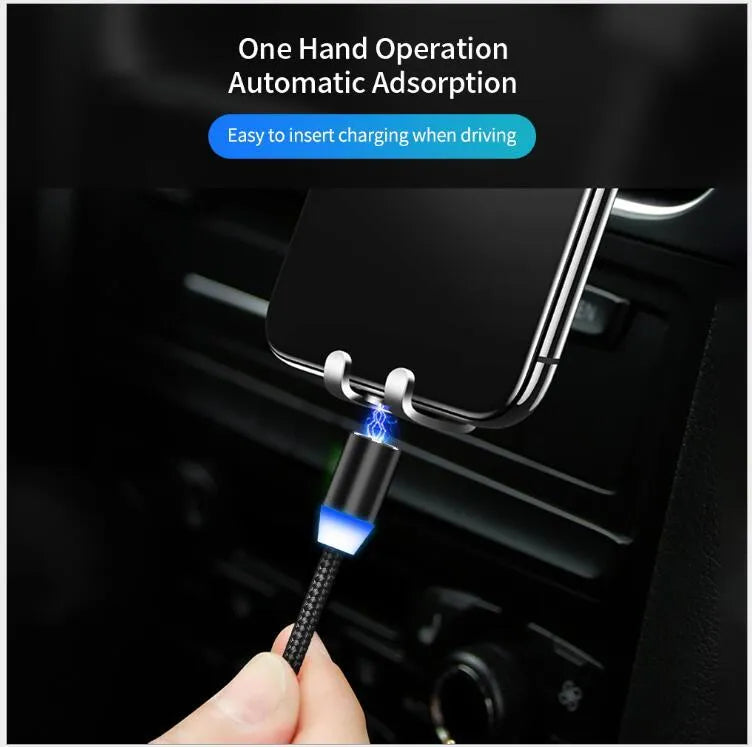 YBD 1 metre magnetic charging cable with cotton woven sheath and LED light, showing Lightning, Micro USB, and Type-C connectors.