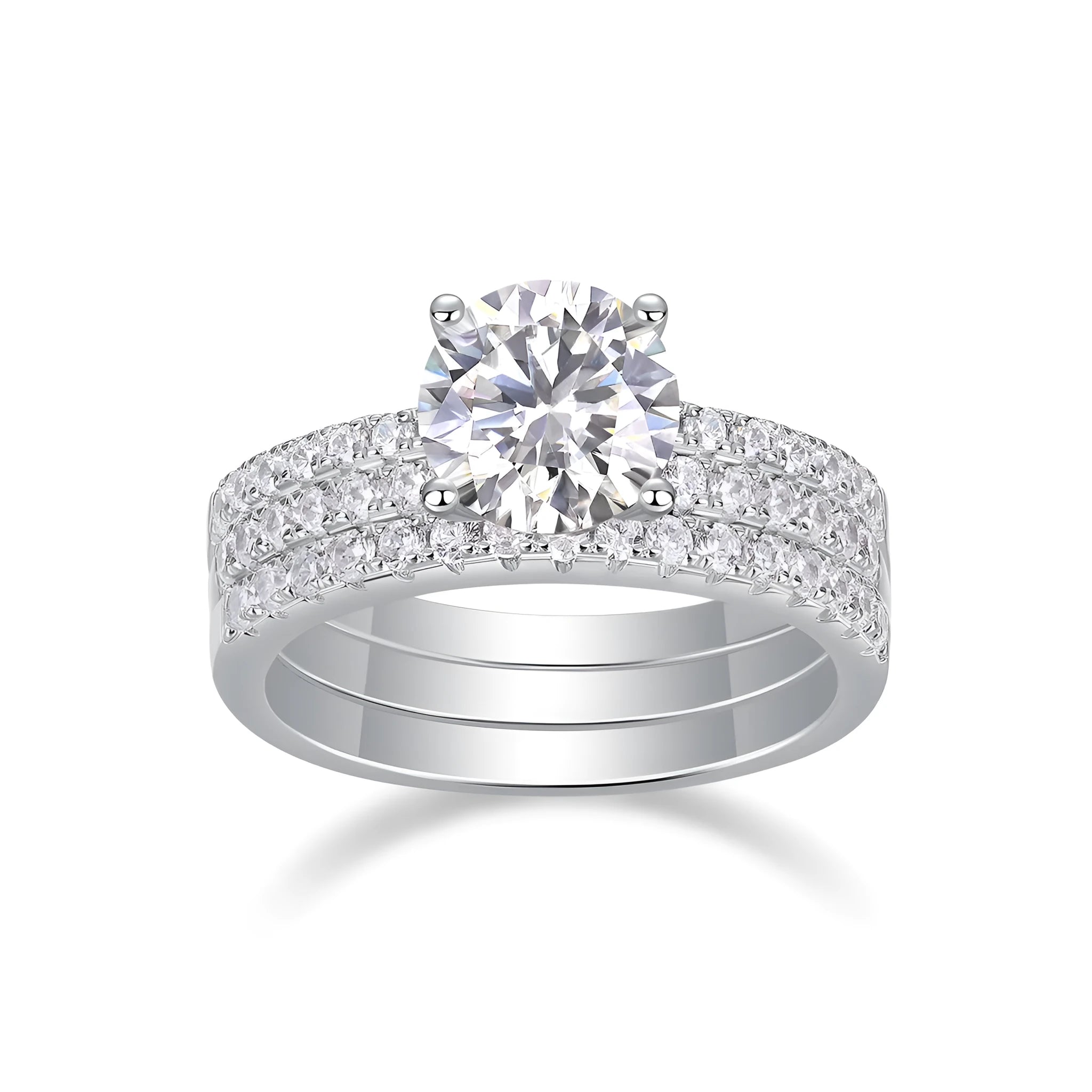 Dreamy 2-carat moissanite wedding ring set on white background, S925 silver platinum-plated band