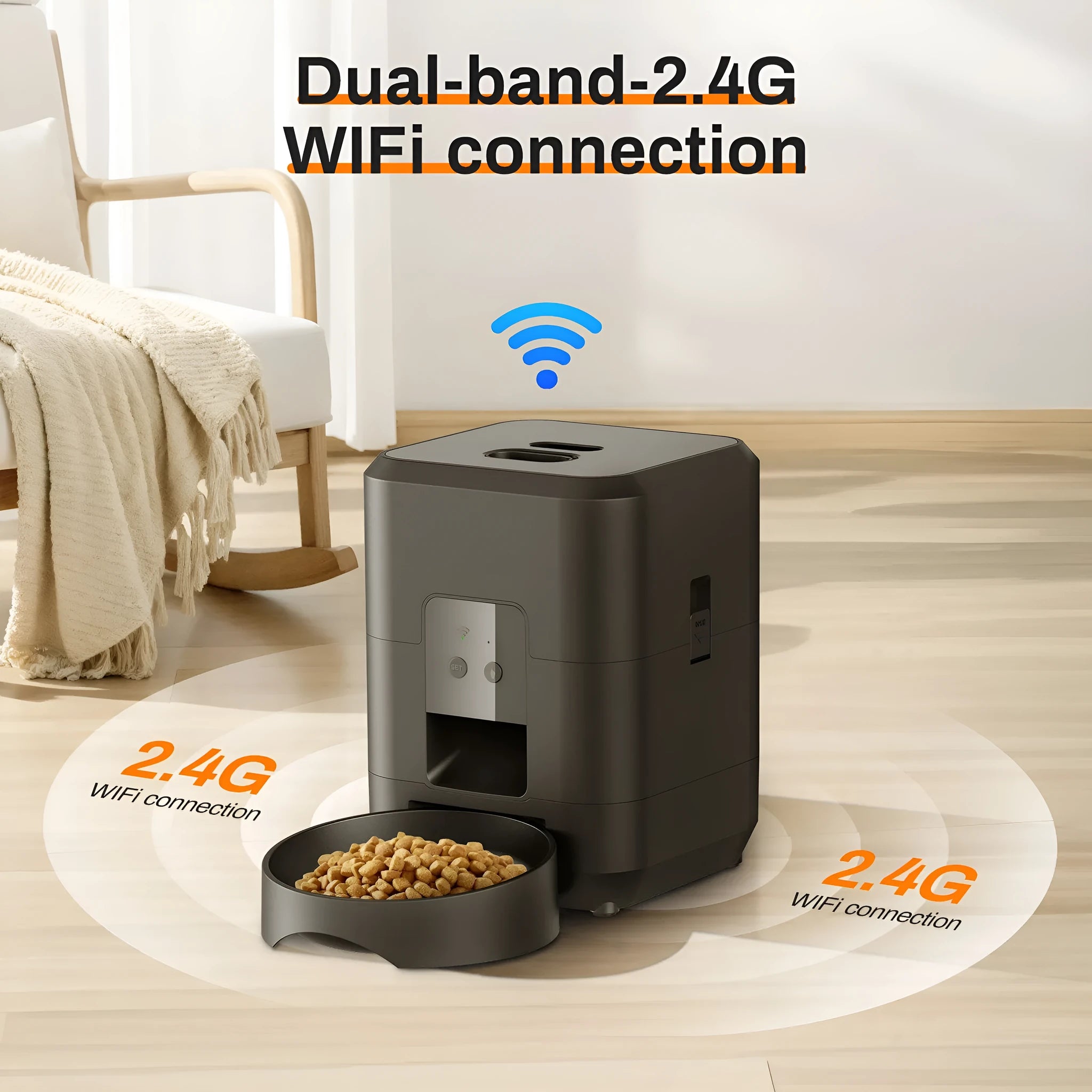 Pet intelligent automatic feeder for cats with white body and button controls, on a kitchen counter