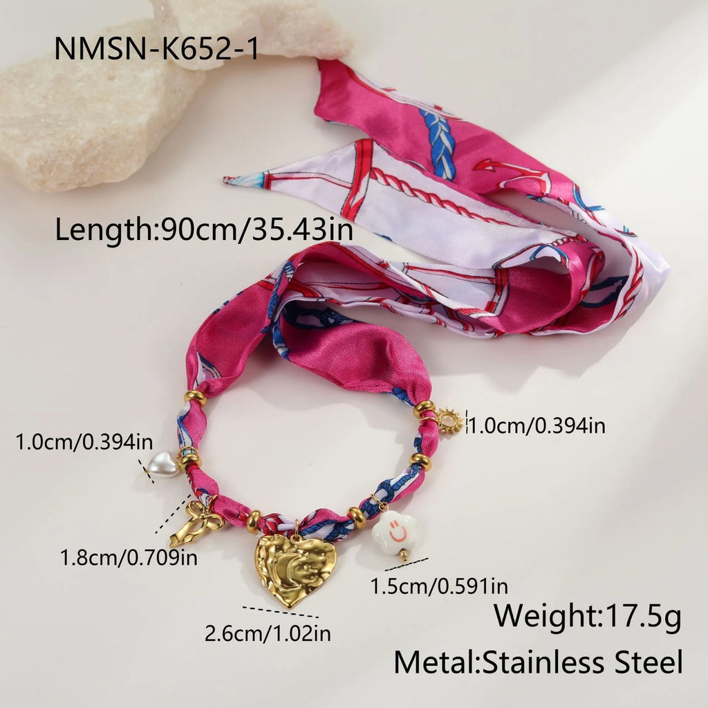 Stainless steel necklace and bracelet set with colourful silk scarf pendants on geometric designs