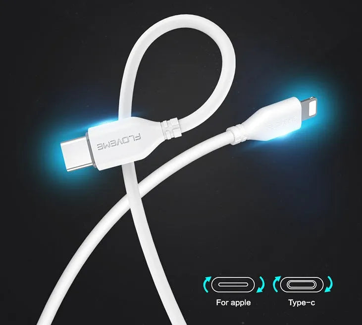 White woven nylon USB-C to Lightning cable for iPhone fast charging and data transfer