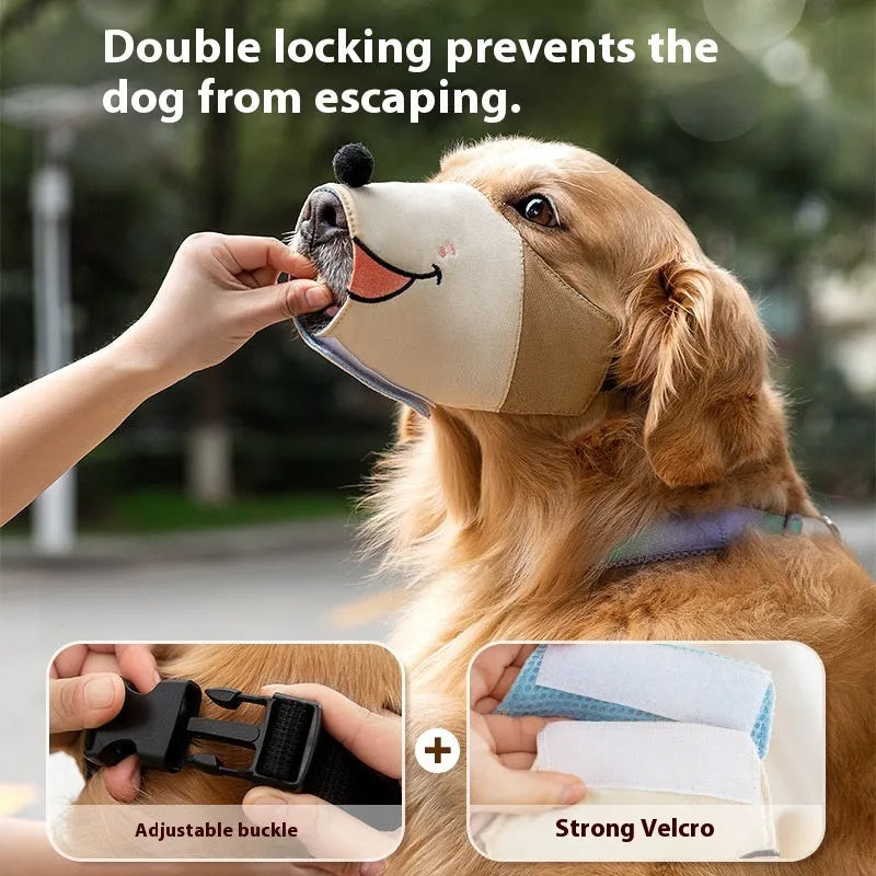 Canvas dog muzzle anti-bite guard in Ollie Brown Bear design, shown in size L for dogs 12.5-30kg.