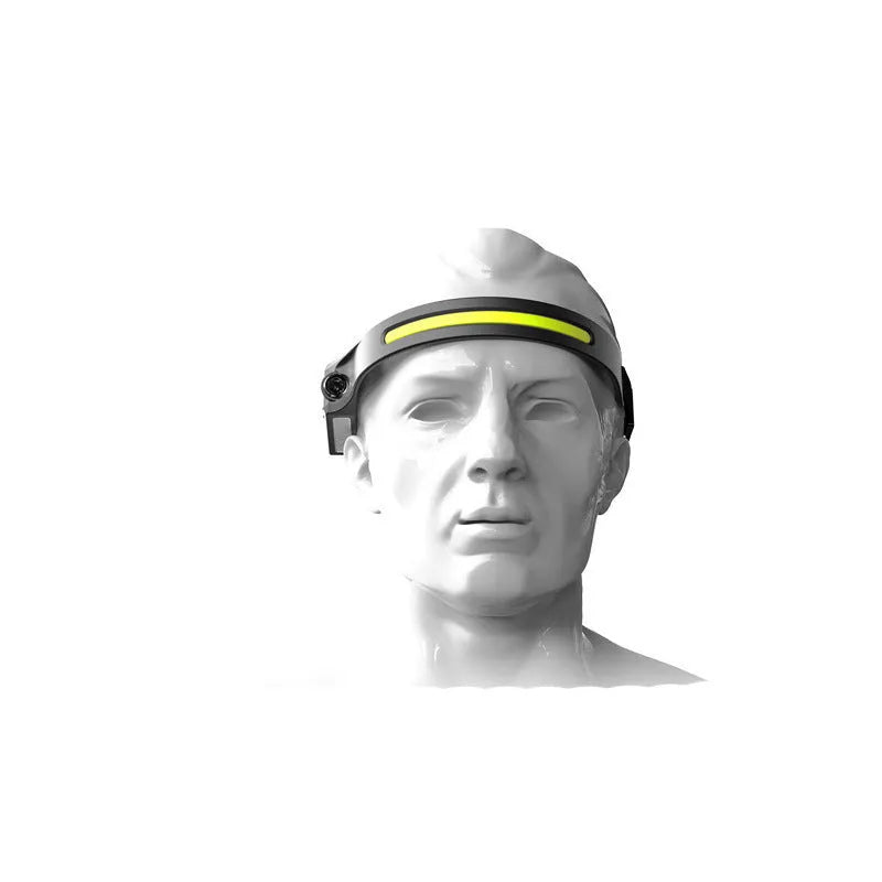 COB LED induction headlamp with USB rechargeable, 230-degree beam and 100m range side LED on a person wearing it outdoors