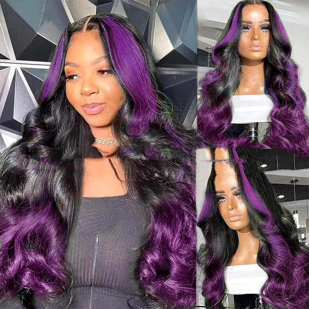 Gradient purple human hair wig with 13x6 lace front and headgear design on a mannequin head
