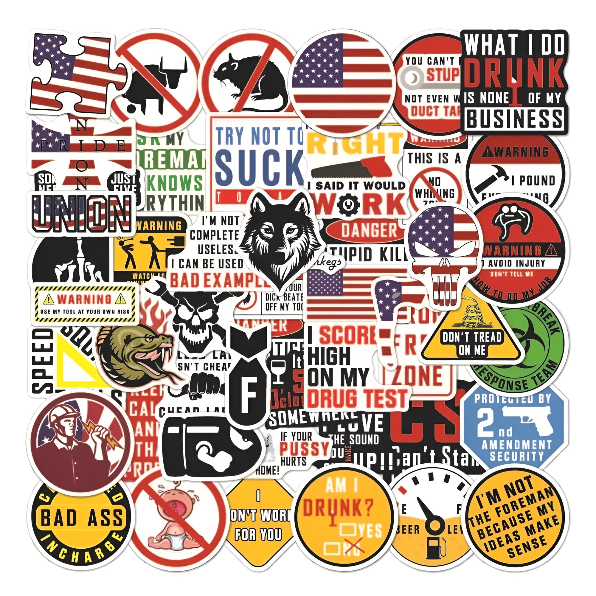50 pack of waterproof PVC warning stickers for motorcycle helmets measuring 6-8cm