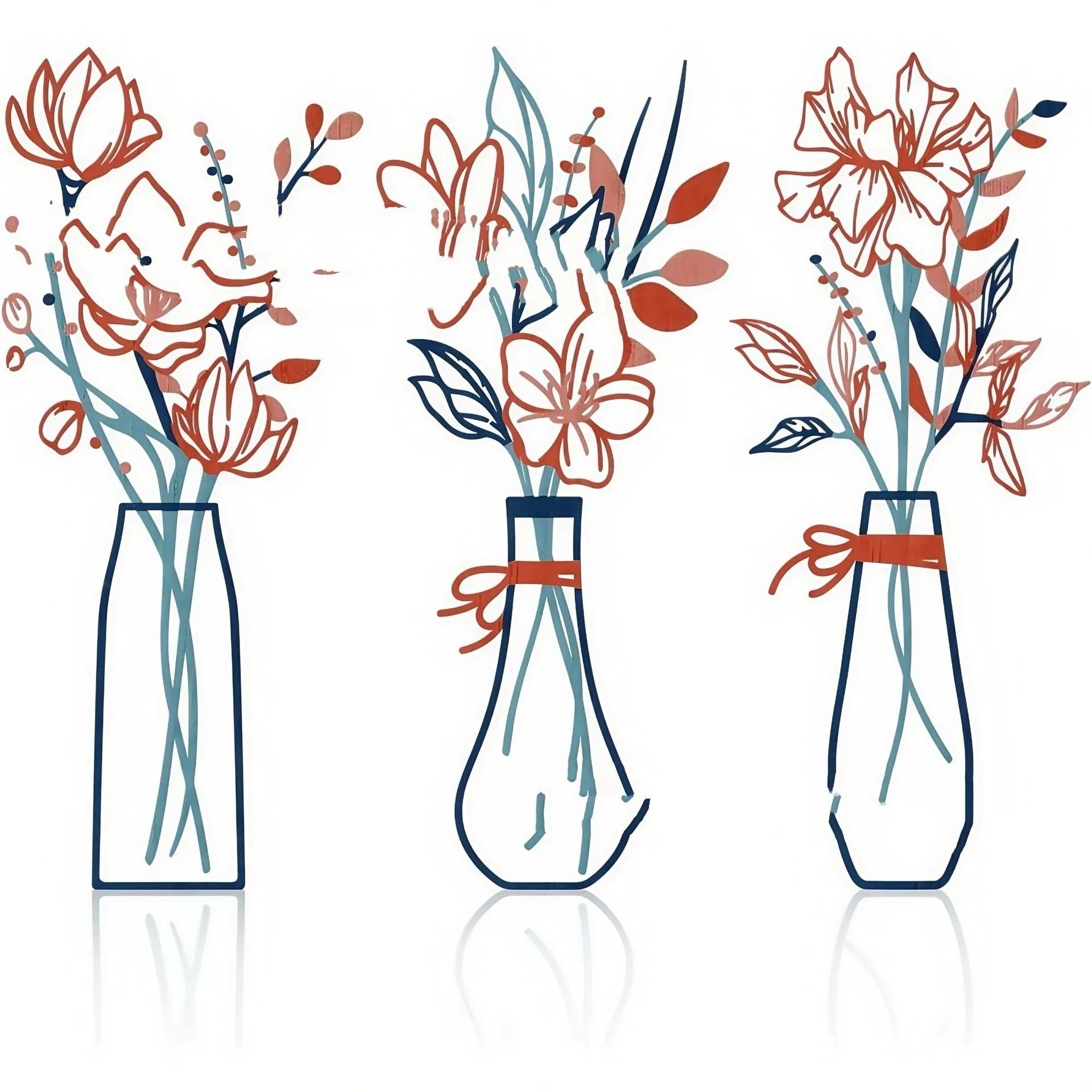 Three-piece metal flowers wall art set with farmhouse vase designs in choice of four colour styles