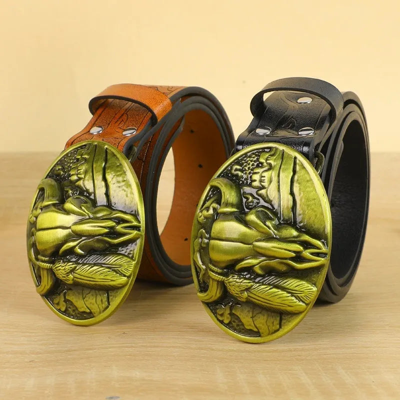 Men's brown leather belt with detailed cow head alloy buckle and pin fastening mechanism