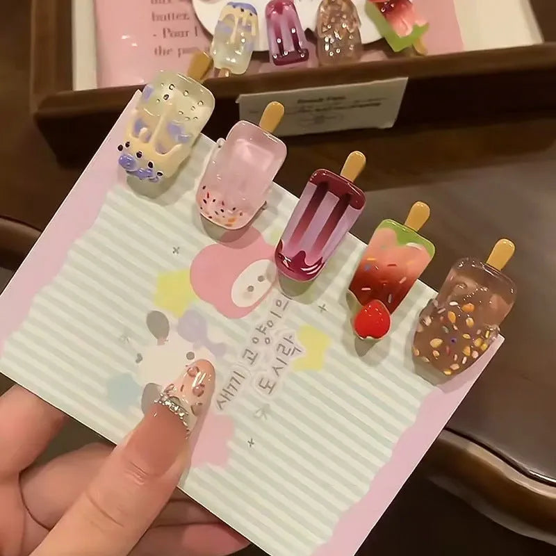 Cartoon ice cream resin barrette for women, sweet girl style side clip, beige colour