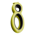 Six-in-one ergonomic bottle and can opener with stainless steel head and soft grey handle on a kitchen countertop