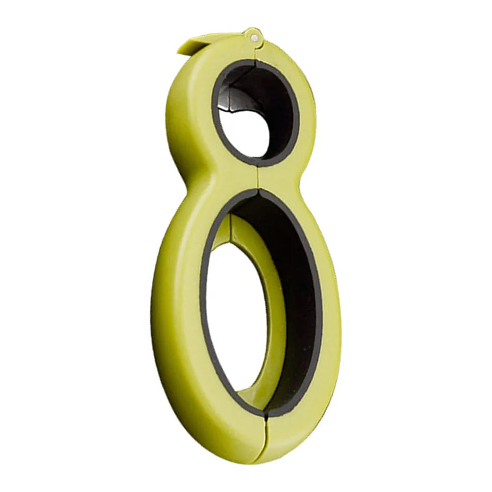 Six-in-one ergonomic bottle and can opener with stainless steel head and soft grey handle on a kitchen countertop