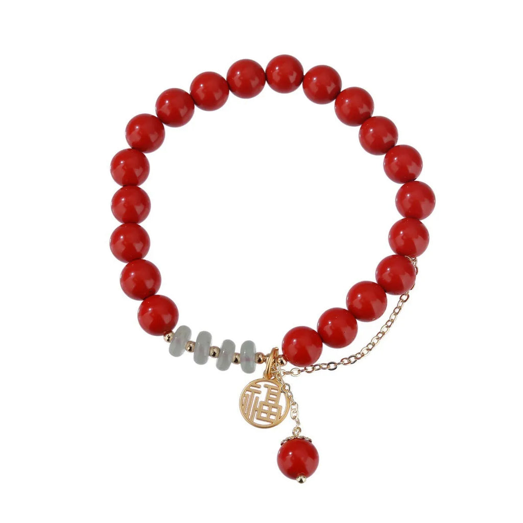 Retro women's cinnabar fu character bracelet with jade spacers and tassel, 8mm beads