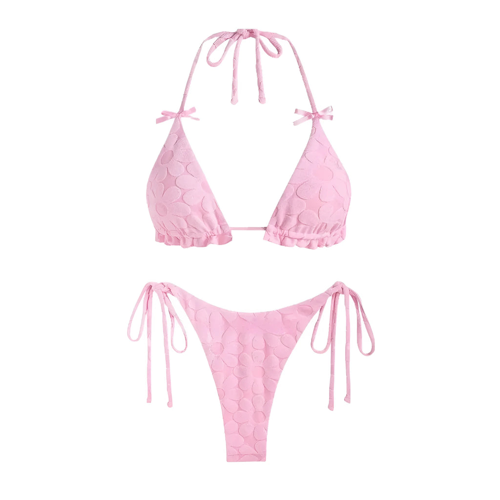 Women's bikini set in solid colour with backless strappy top and high elasticity fabric, available in multiple shades