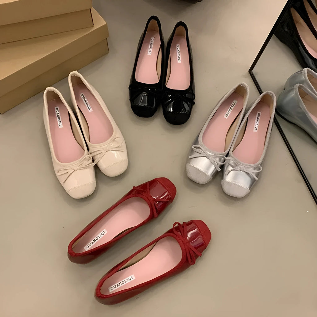 Retro ballet Mary Jane flats in apricot with bow detail and square toe
