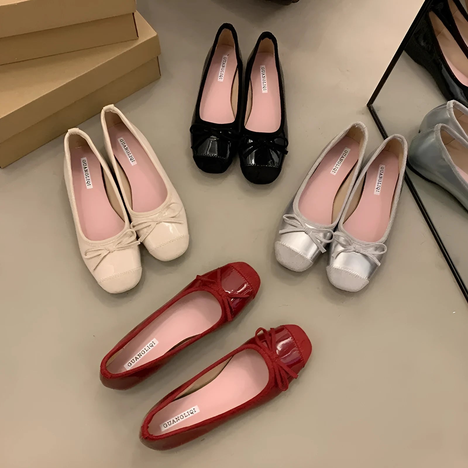 Retro ballet Mary Jane flats in apricot with bow detail and square toe
