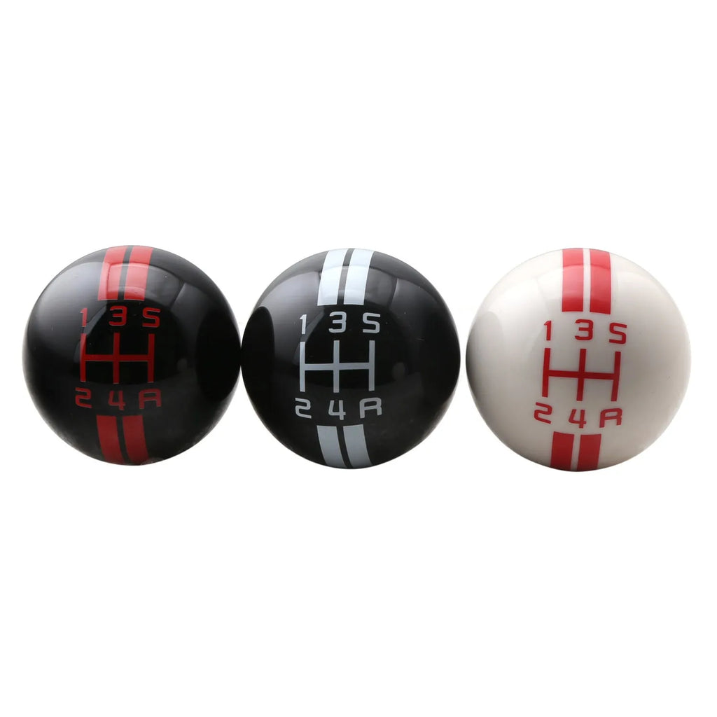 Black acrylic 5-speed manual gear head with red lettering on a white background