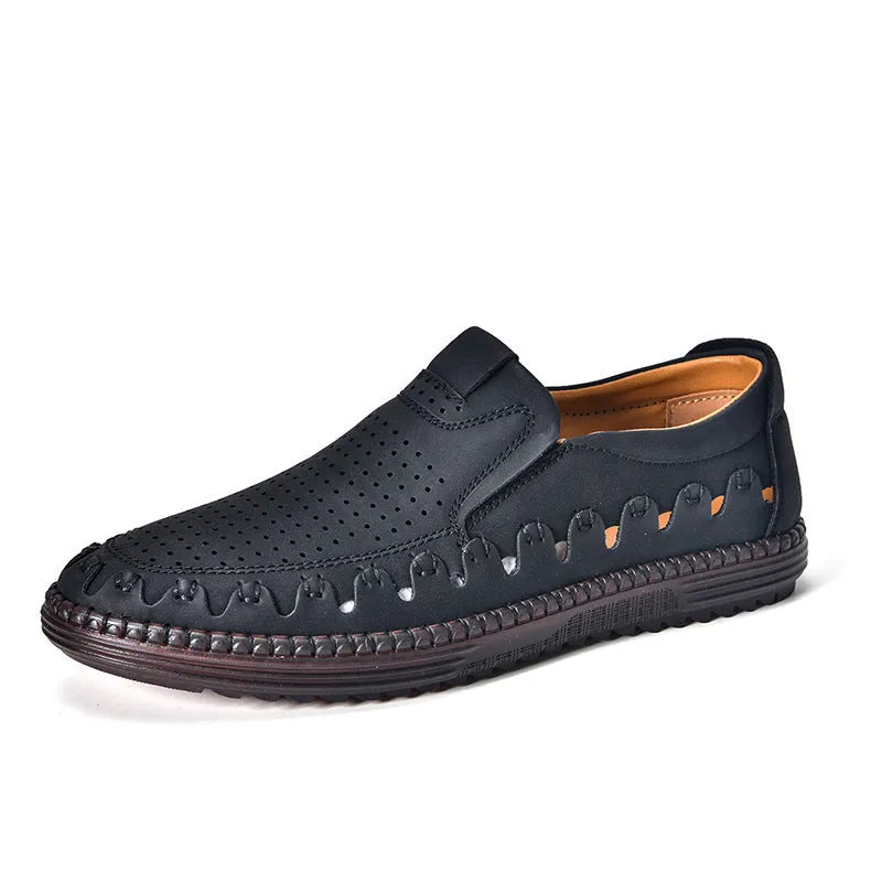 Men's brown slip-on casual shoes with artificial PU upper and flat PVC sole, showing sewing line details