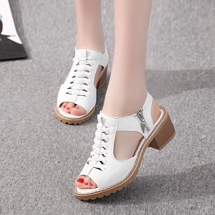 Women's retro sandals with a side zipper in artificial PU leather and beef tendon sole.