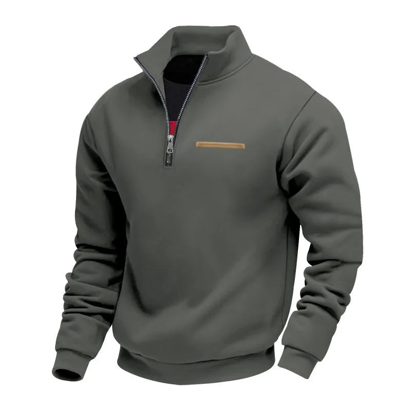 Men's warm stand collar contrast stripes sport sweatshirt in army green, loose fit polyester long sleeve