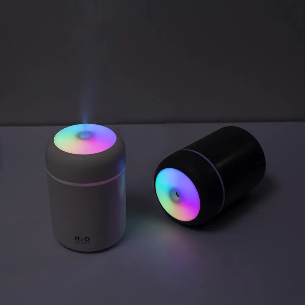 Pink, white, or navy blue USB mini desktop humidifier with water tank and colourful lights