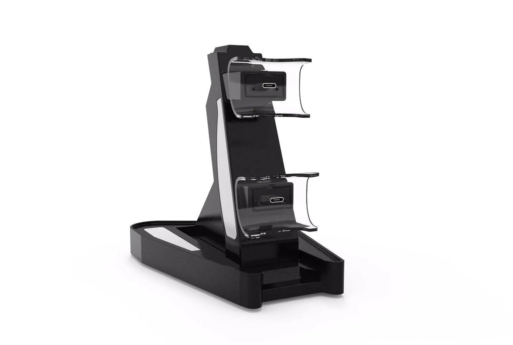 PS5 handle charger with turn light in black ABS plastic, compact size 12.7x17x6.5 cm