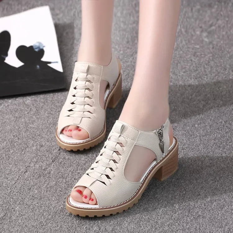 Women's retro sandals with a side zipper in artificial PU leather and beef tendon sole.