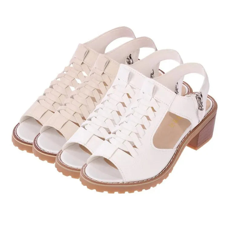 Women's retro sandals with a side zipper in artificial PU leather and beef tendon sole.