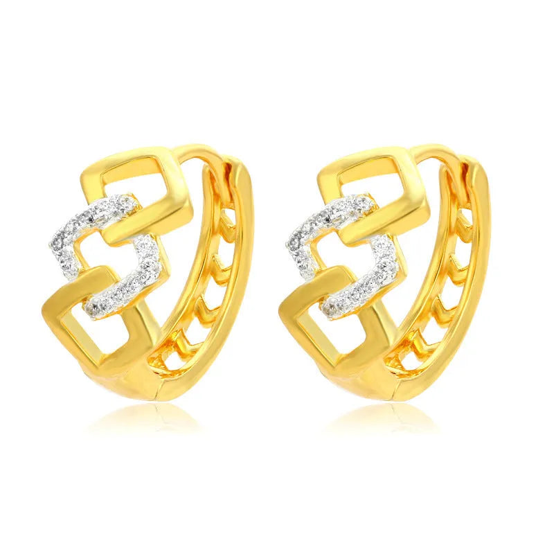 Geometric hollow-out alloy earrings with electroplated colour separation and clip fastening