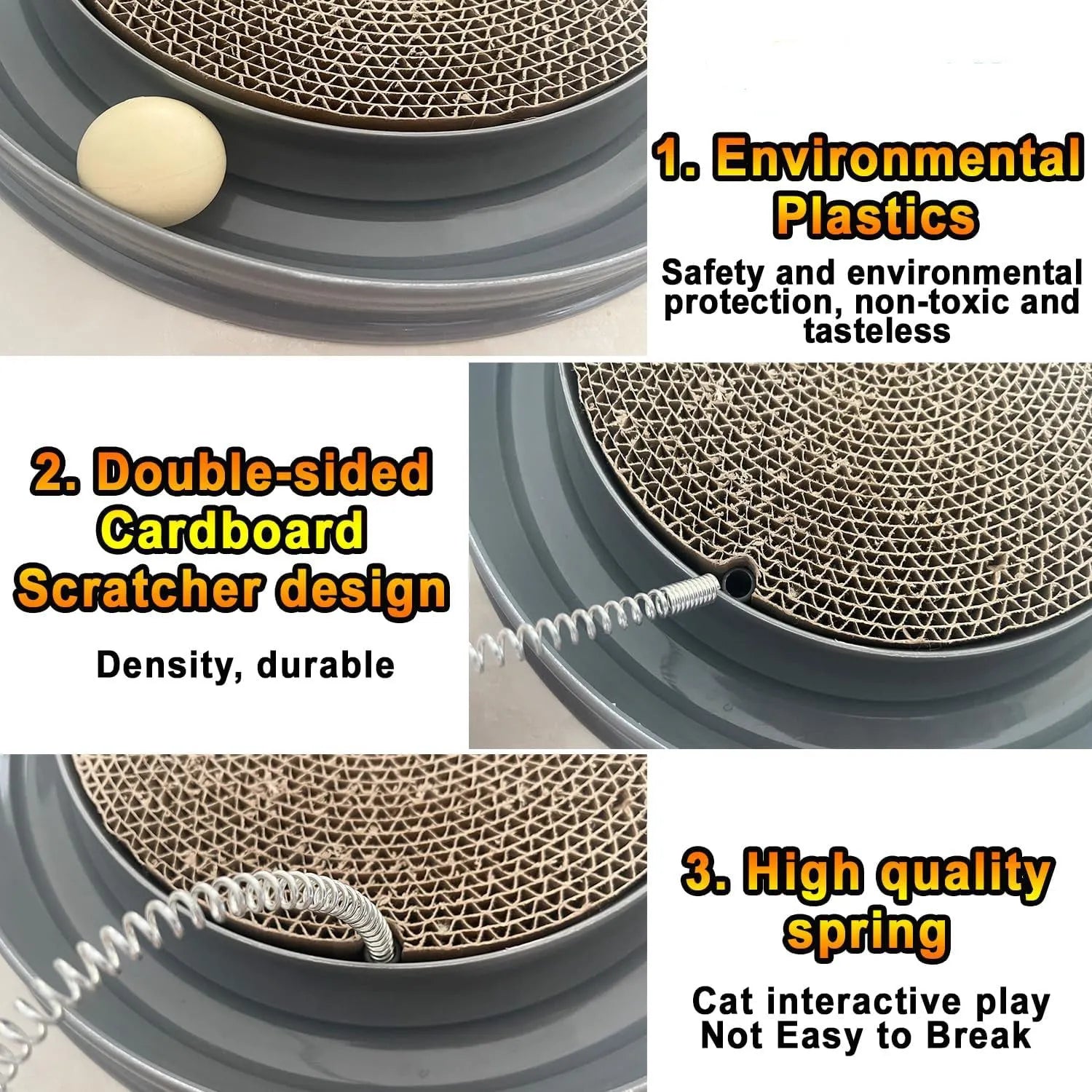 Interactive cat scratcher toy with ball track and replaceable cardboard scratch pad in blue colour
