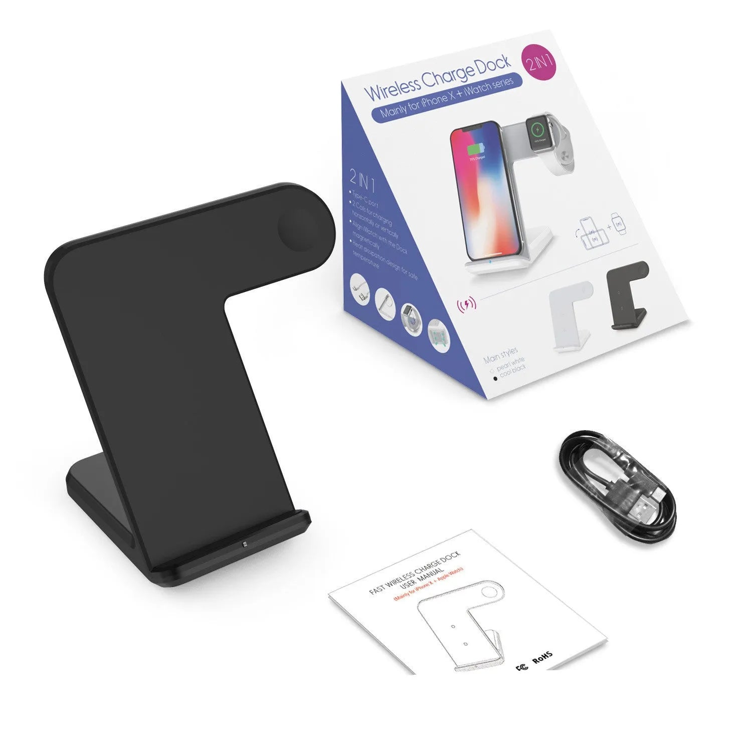 Black wireless phone charger with Type-C cable on desk
