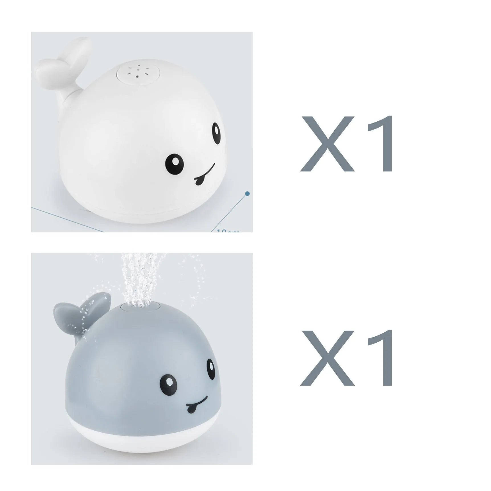 White and blue electric whale bath toy spraying water with lights on a base.