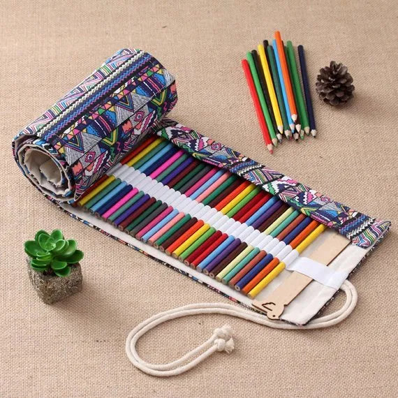 Canvas pencil wrap roll up case with elastic bands holding coloured pencils, available in multiple slot sizes