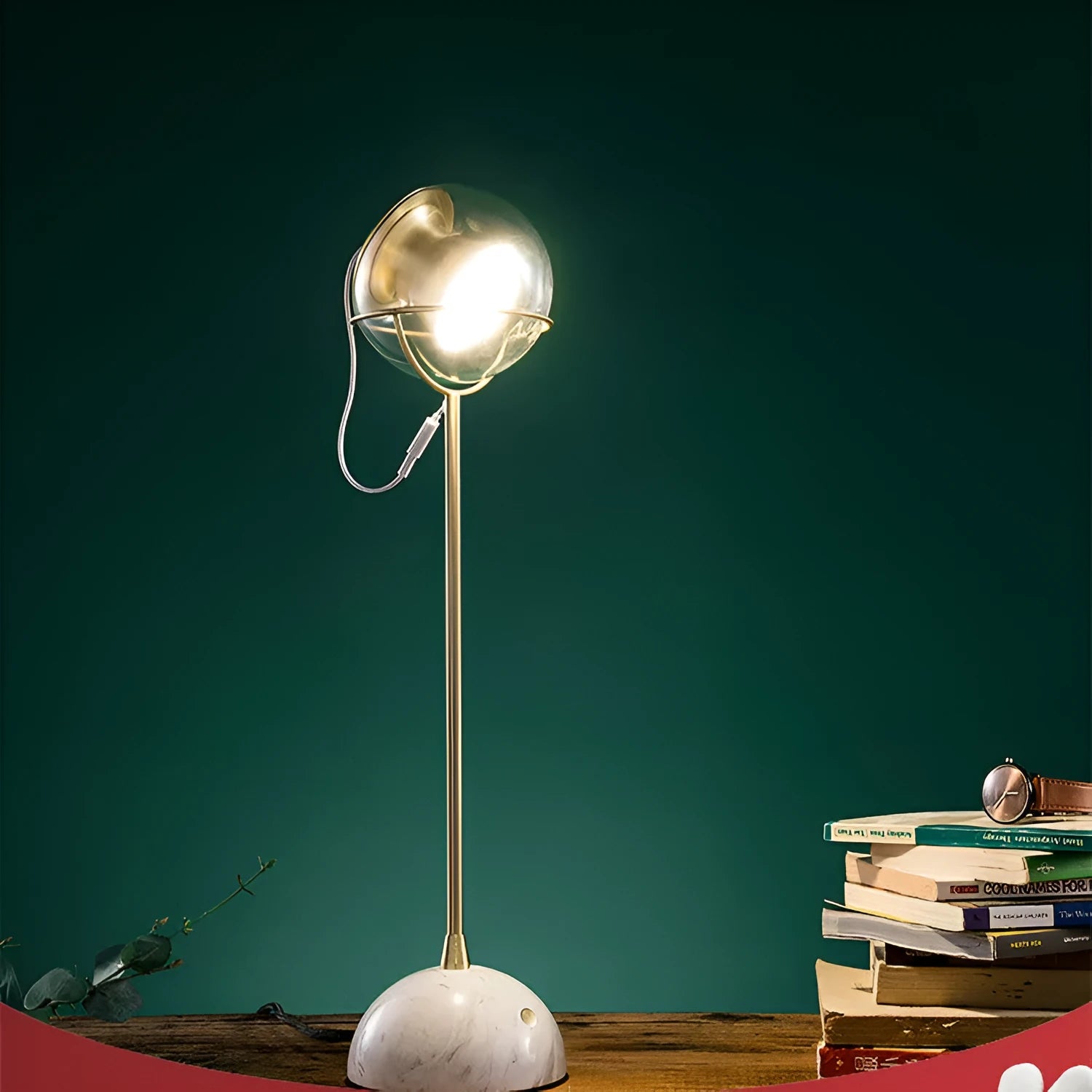 Glass lampshade desk lamp with touch dimmer switch and LED light source on wooden table