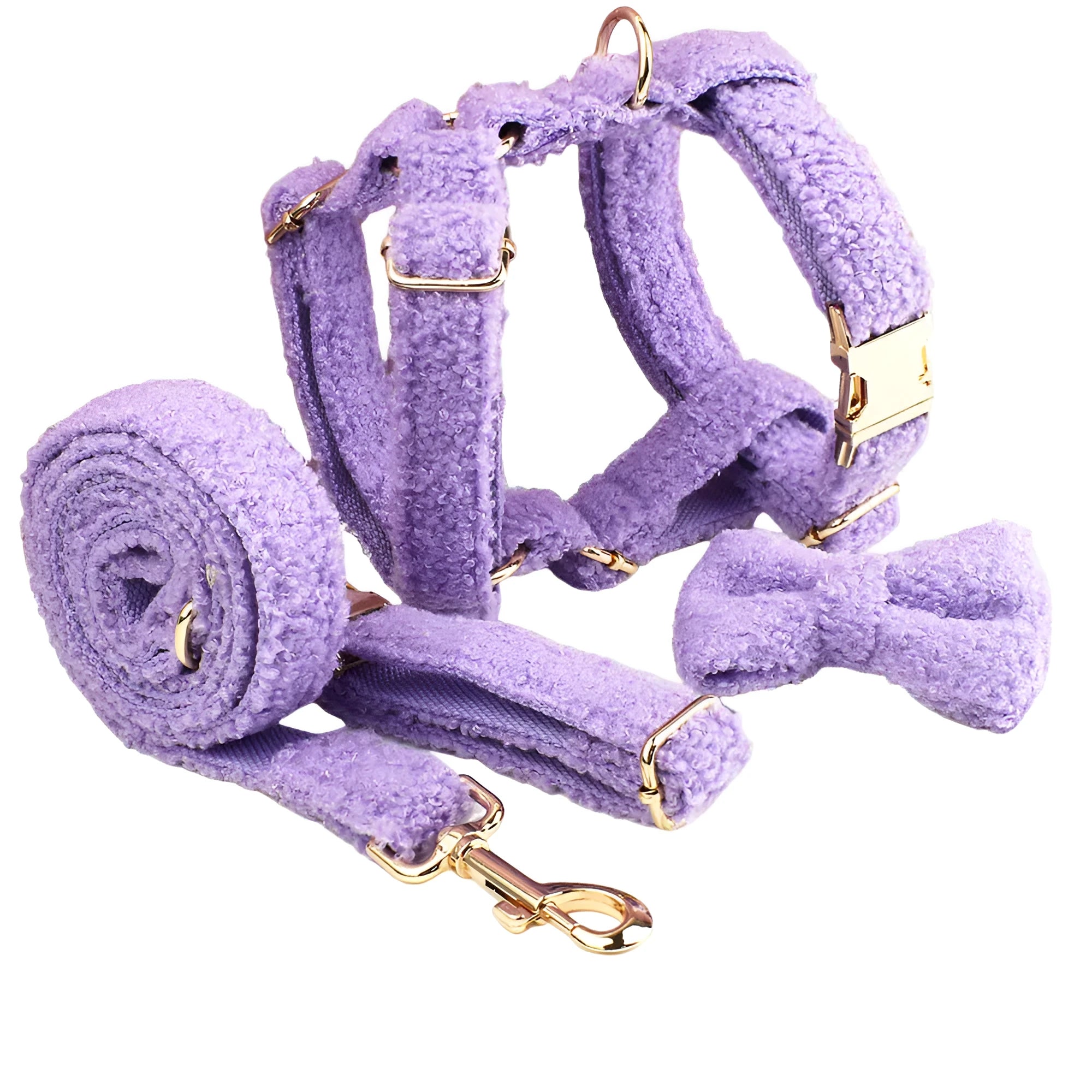 Purple cloth dog collar, leash, bow and vest four-piece set for small dogs on white background