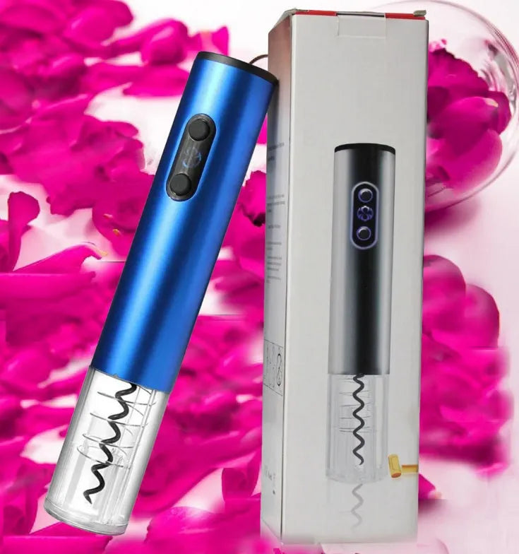 Silver automatic electric wine opener with foil cutter on a kitchen counter next to a red wine bottle