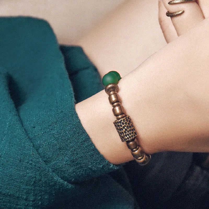 Retro ethnic style natural agate bracelet with green agate beads on cord, vintage finish, women's size 15 yards length