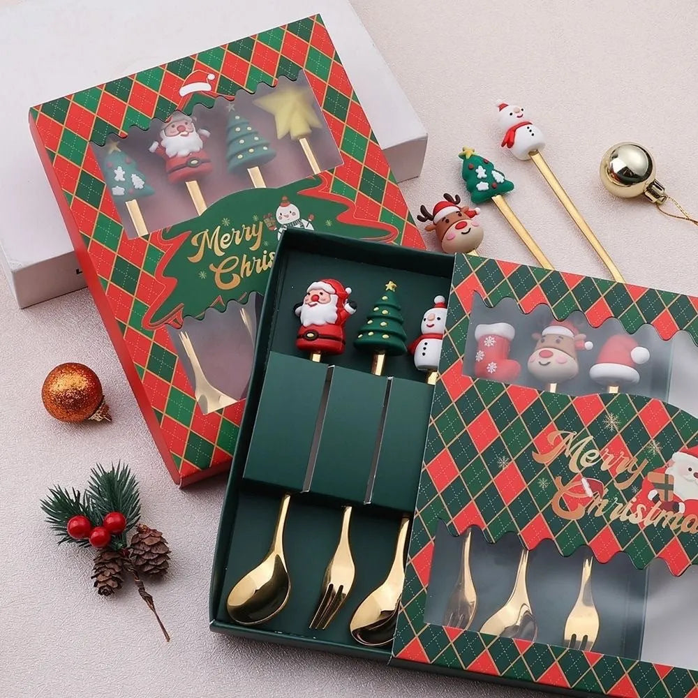 Stainless steel Christmas spoon and fork set with red colour and snowman handle design