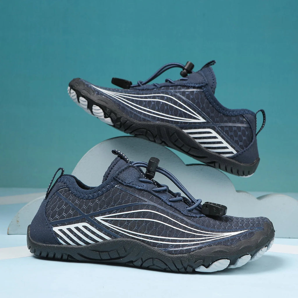 Children's quick-dry water shoes with rubber soles shown in multiple colours for beach and outdoor use