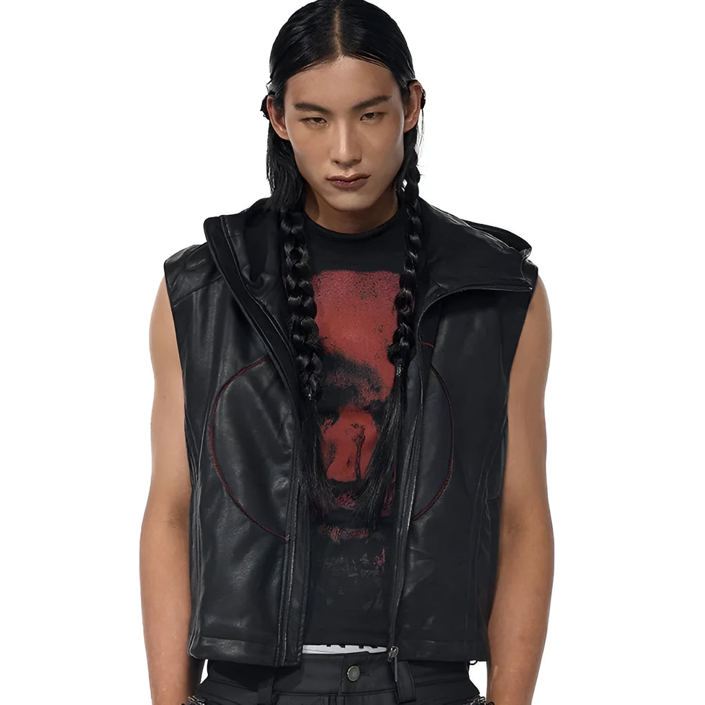 Men's black hooded PU leather waistcoat with five-pointed star print, slim fit, summer style