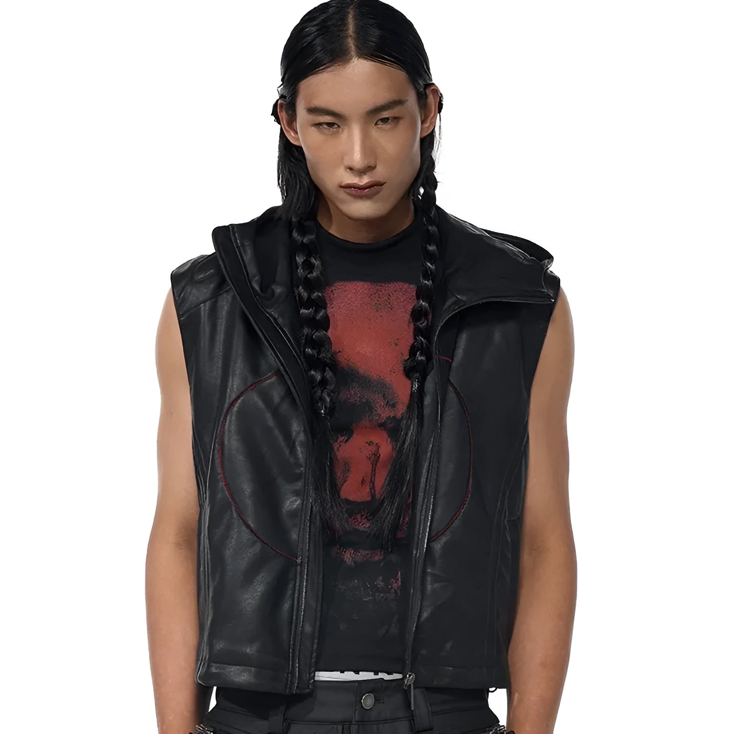 Men's black hooded PU leather waistcoat with five-pointed star print, slim fit, summer style
