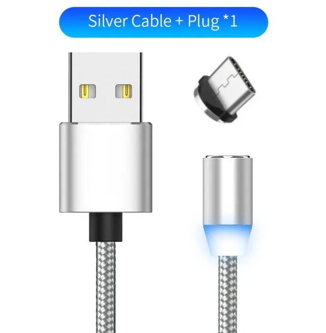 YBD 1 metre magnetic charging cable with cotton woven sheath and LED light, showing Lightning, Micro USB, and Type-C connectors.