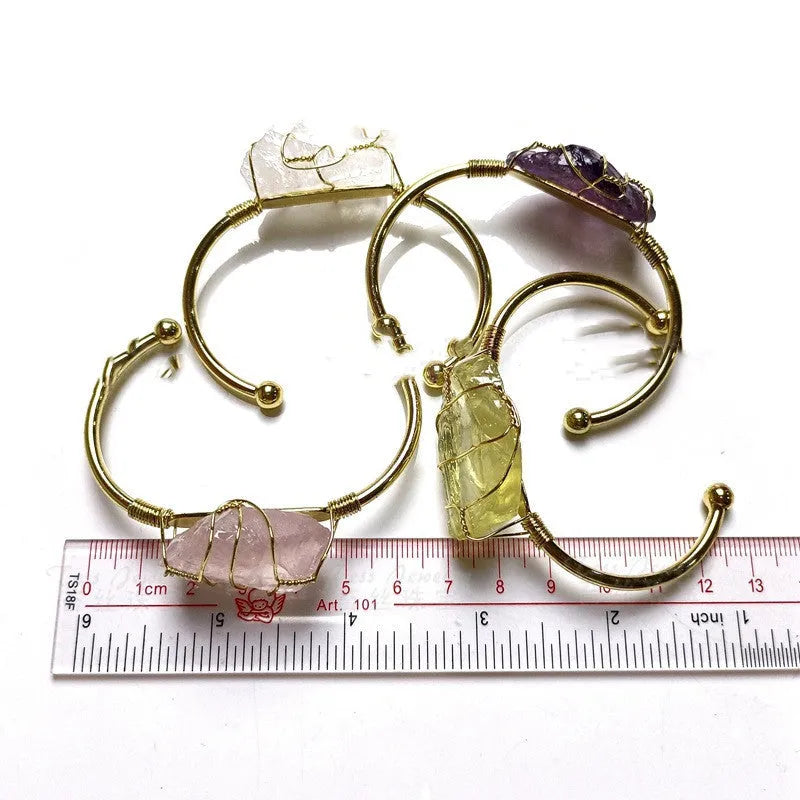 Natural crystal rough stone bracelet with gold winding wire and geometric design
