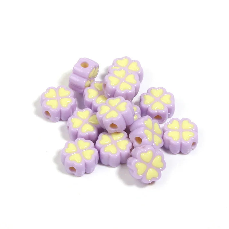Acrylic four-leaf clover beads in mixed colours with frosted finish, 15mm diameter for jewellery making
