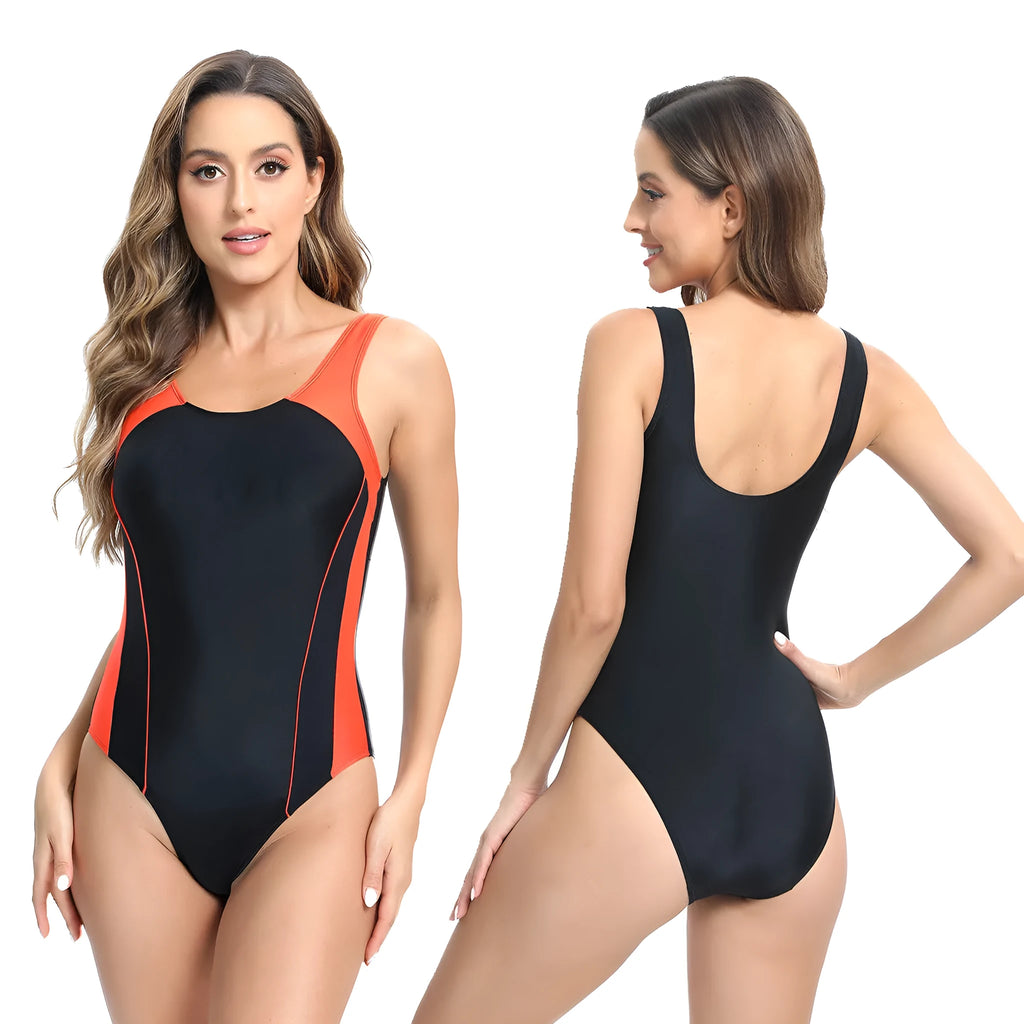 One-piece colour-block tight brief swimsuit in blue, orange, and white, women's chemical fibre blend swimwear
