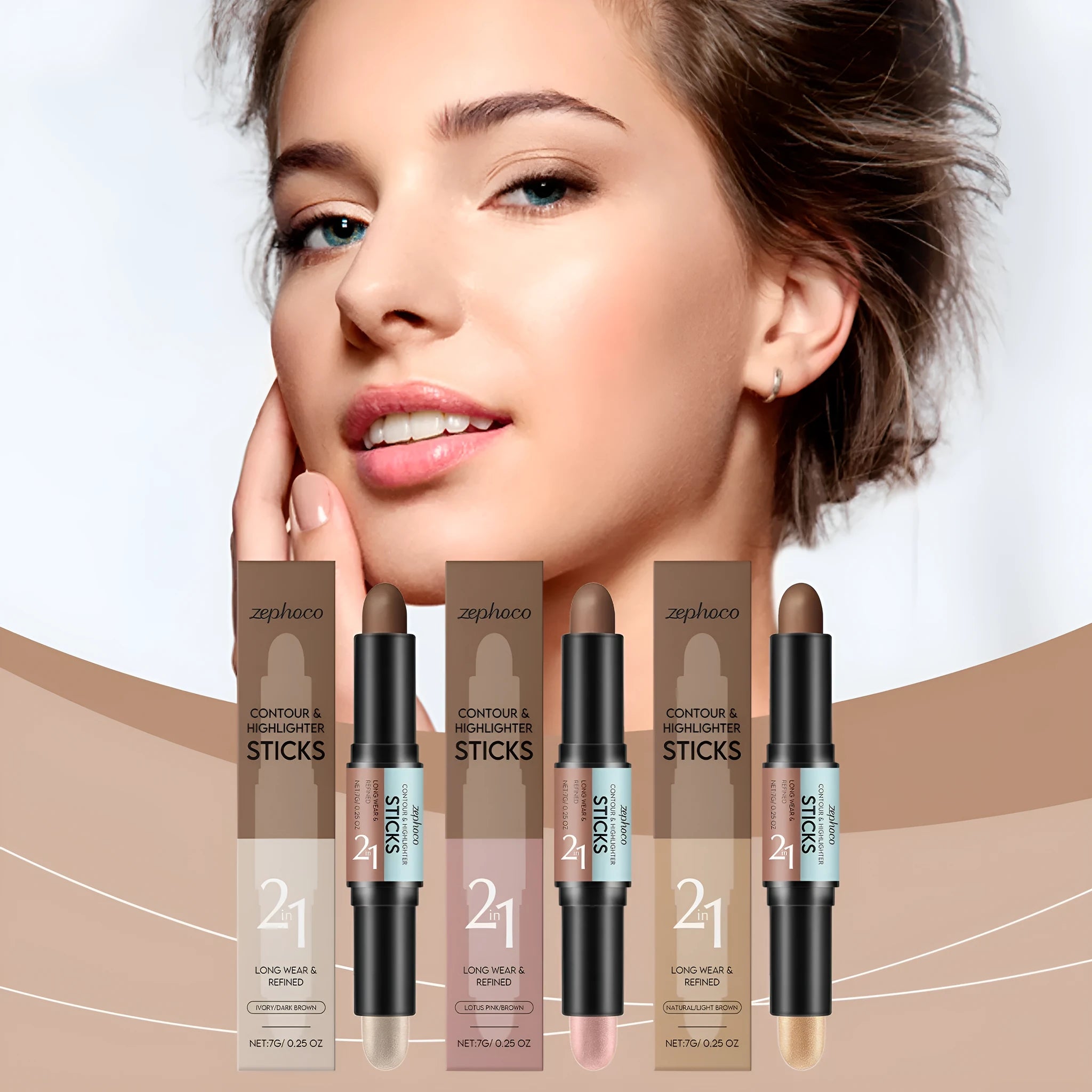 2-in-1 outline highlighter highlight repair pen 7g in three colour choices: natural light brown, lotus root pink brown, ivory white dark brown