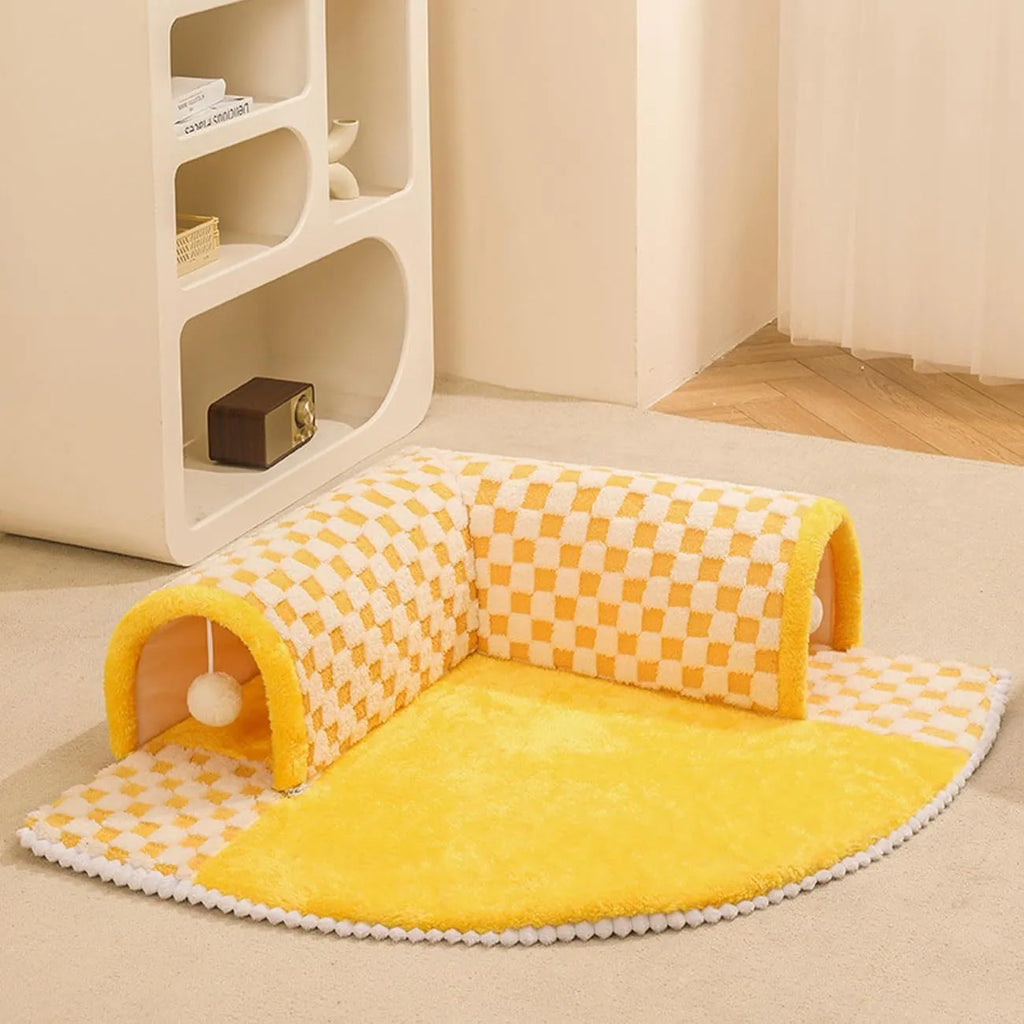 Coffee and yellow plaid fan-shaped pet bed tunnel with a thick plush mat and anti-slip base.