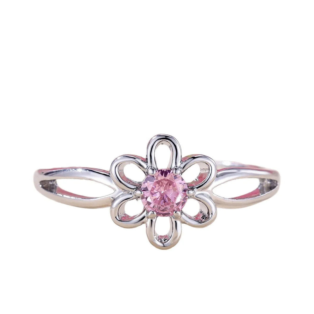 Lady's flower hollowed fashion simple ring in copper with platinum pink diamond electroplated finish